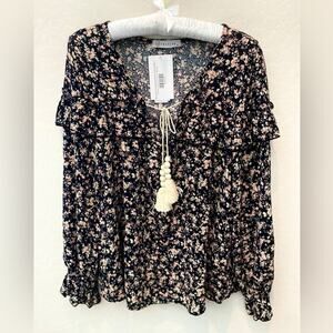 🆕CY FASHION | Black Calico Floral Boho Peasant Ruffle Drawstring Blouse | Small